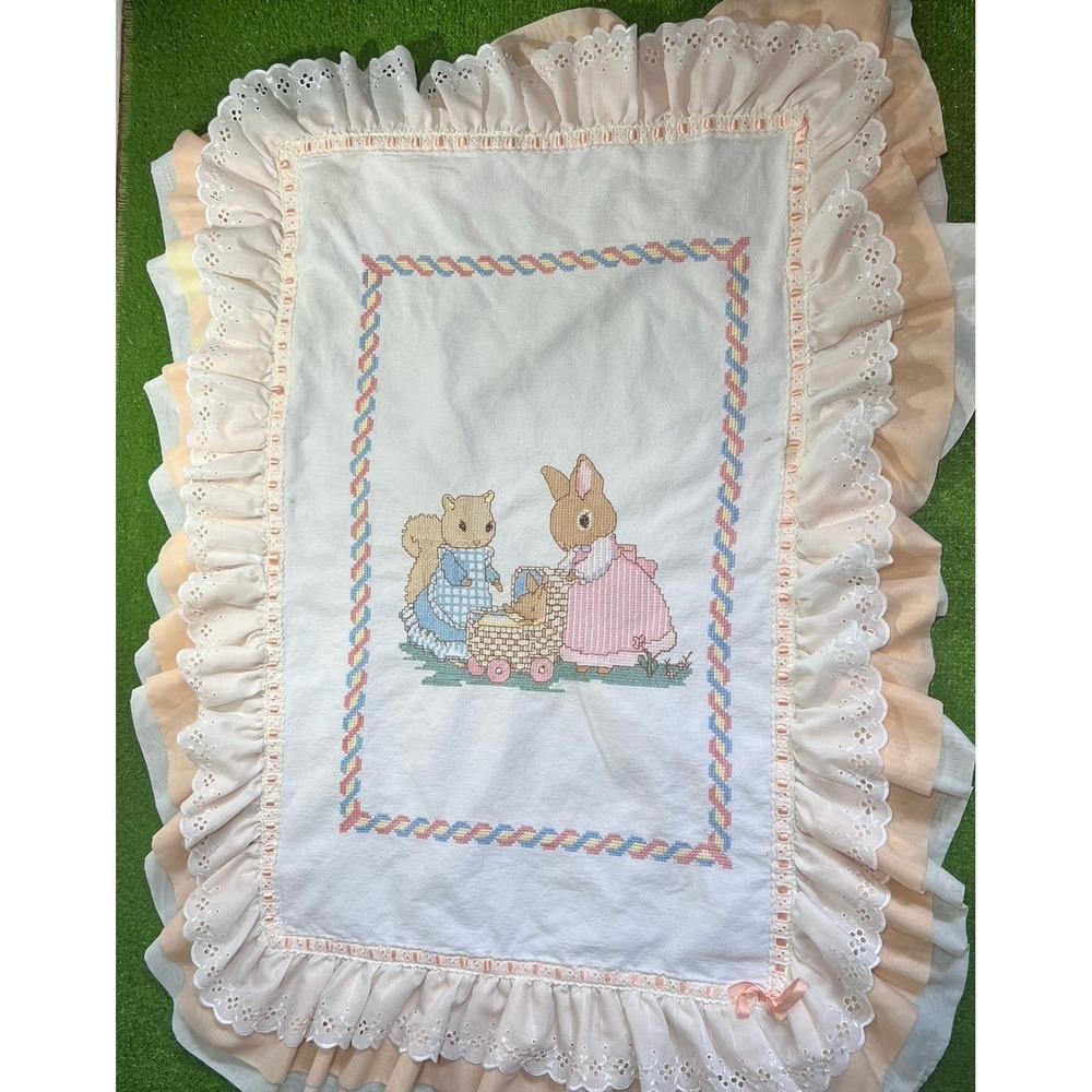 Vintage‎ Peter Rabbit Beatrix Potter Baby Crib Blanket Quilt Lace Ruffle 44x28